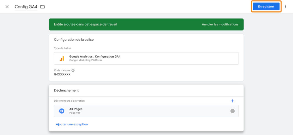 Enregistrement de la balise GA4 sur Google Tag Manager